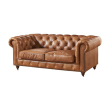 Leather Loveseat Sofa with Vintage Chesterfield Tufting, Light Brown