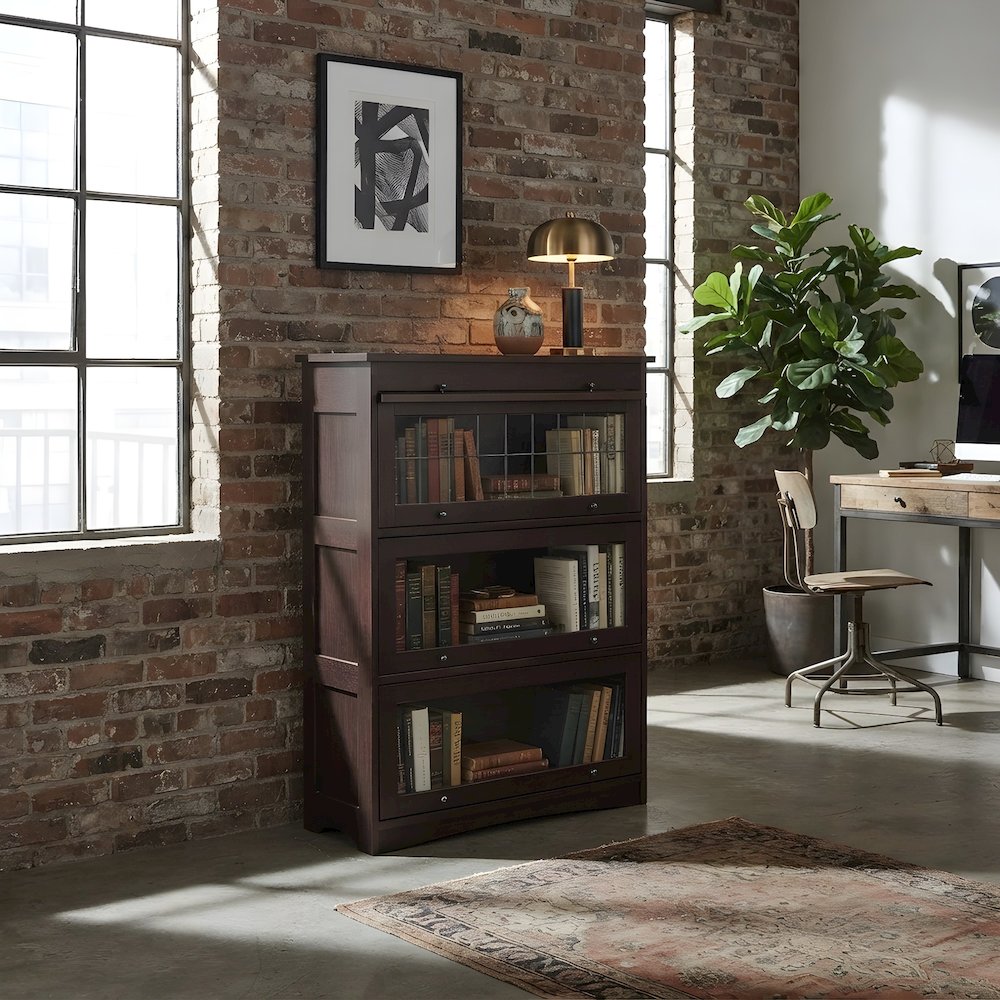 Solid Wood Barrister Bookcase with Glass-Lift Doors, Mission Style Oak, Walnut