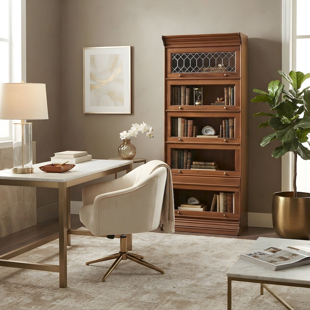 Solid Wood Barrister Bookcase with Glass Doors, Tall Bookshelf, Light Brown