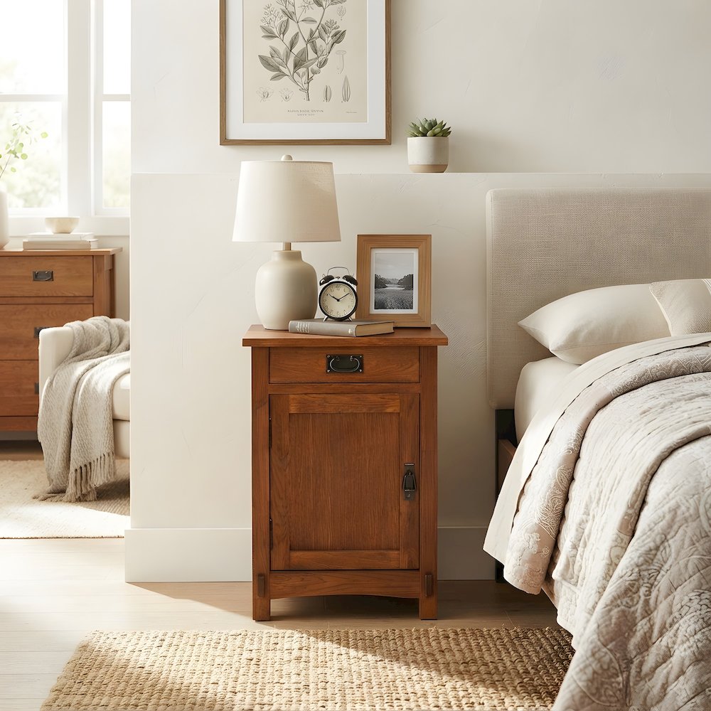Solid Wood Mission Style Bedside Table with Door and Drawer, Michael's Cherry