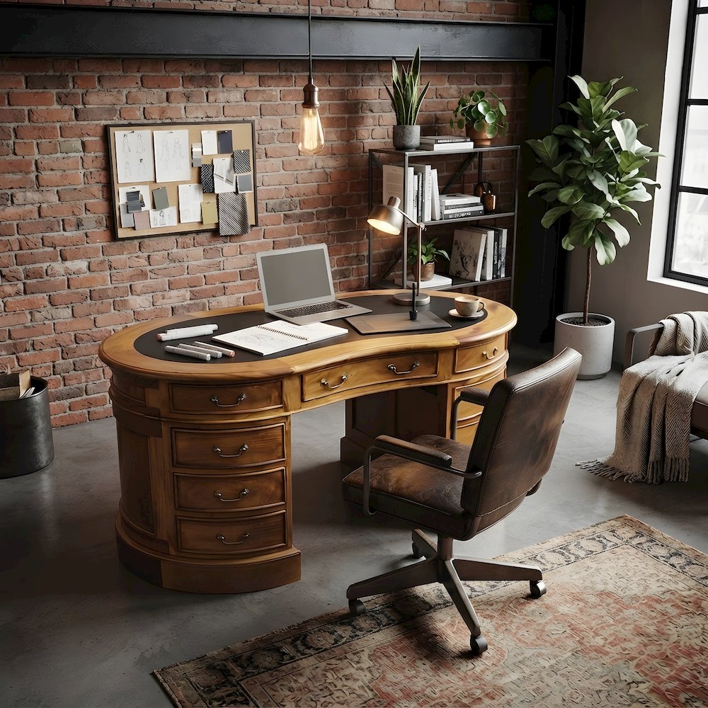 Solid Wood Executive Desk with Leather Top, Kidney-Shaped, Light Brown