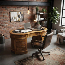 Solid Wood Executive Desk with Leather Top, Kidney-Shaped, Light Brown