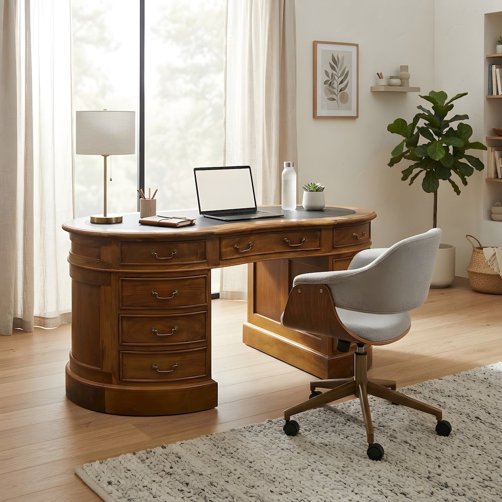 Solid Wood Executive Desk with Leather Top, Kidney-Shaped, Light Brown
