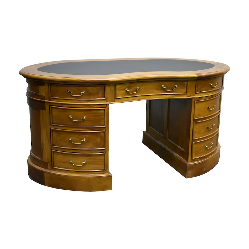 Solid Wood Executive Desk with Leather Top, Kidney-Shaped, Light Brown