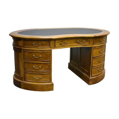 Solid Wood Executive Desk with Leather Top, Kidney-Shaped, Light Brown