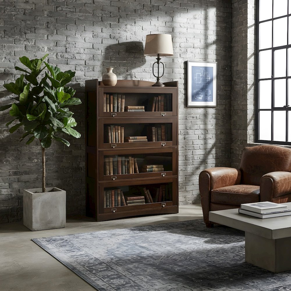 Solid Oak Barrister Bookcase with Glass Doors, Mission-Style Bookshelf, Walnut