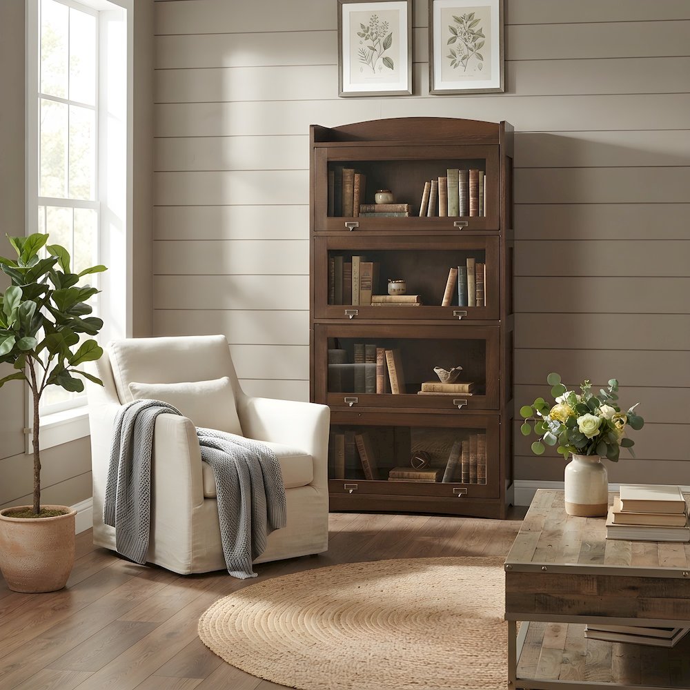 Solid Oak Barrister Bookcase with Glass Doors, Mission-Style Bookshelf, Walnut