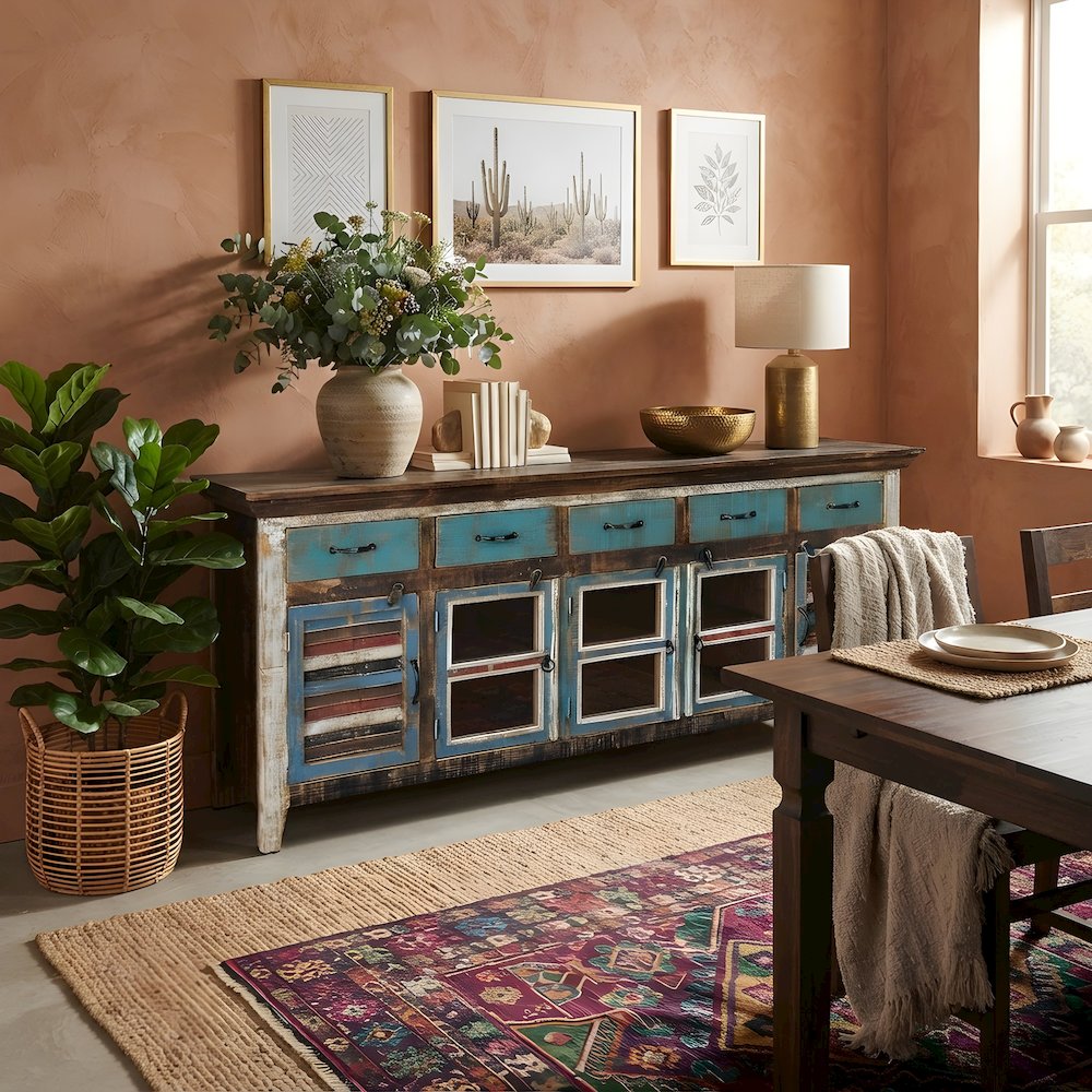 Solid Wood Sideboard Buffet Cabinet with Shutter Doors, multi-color