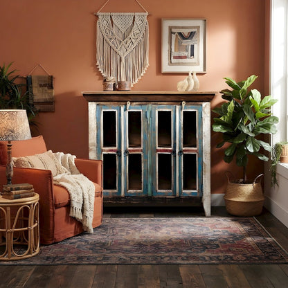 Solid Wood Curio Cabinet with Glass Doors for China Display, Multi Color