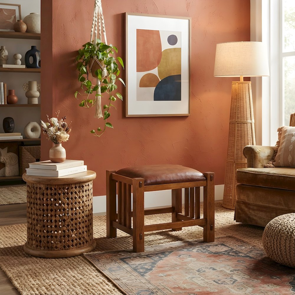 Solid Wood Mission Spindle Bar Stool, Leather Seat, Michael's Cherry