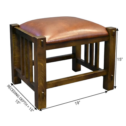 Solid Wood Mission Spindle Stool with Leather Seat, Quarter Sawn Hardwood Low Accent Stool for Bedroom