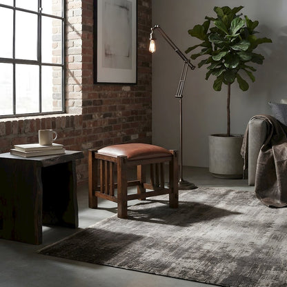 Solid Wood Mission Spindle Stool with Leather Seat, Quarter Sawn Hardwood Low Accent Stool for Bedroom