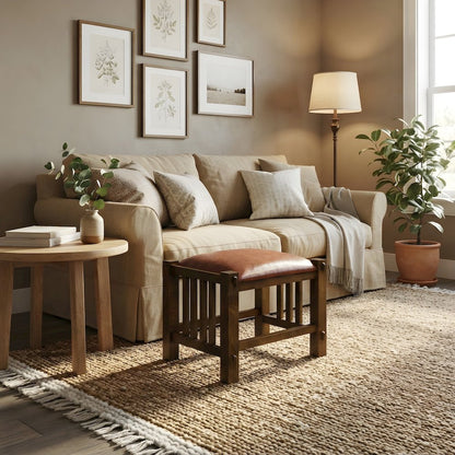 Solid Wood Mission Spindle Stool with Leather Seat, Quarter Sawn Hardwood Low Accent Stool for Bedroom