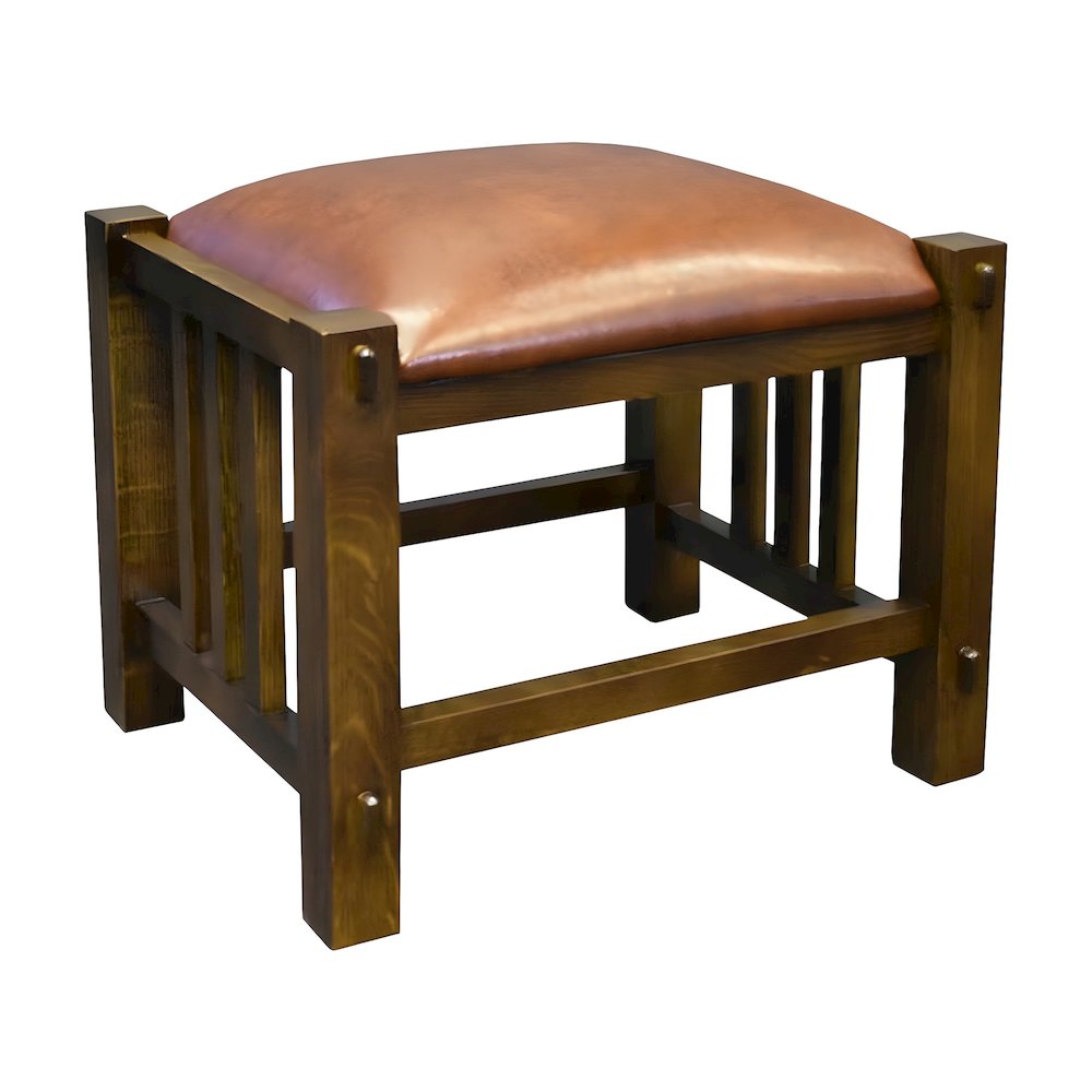 Solid Wood Mission Spindle Stool with Leather Seat, Quarter Sawn Hardwood Low Accent Stool for Bedroom
