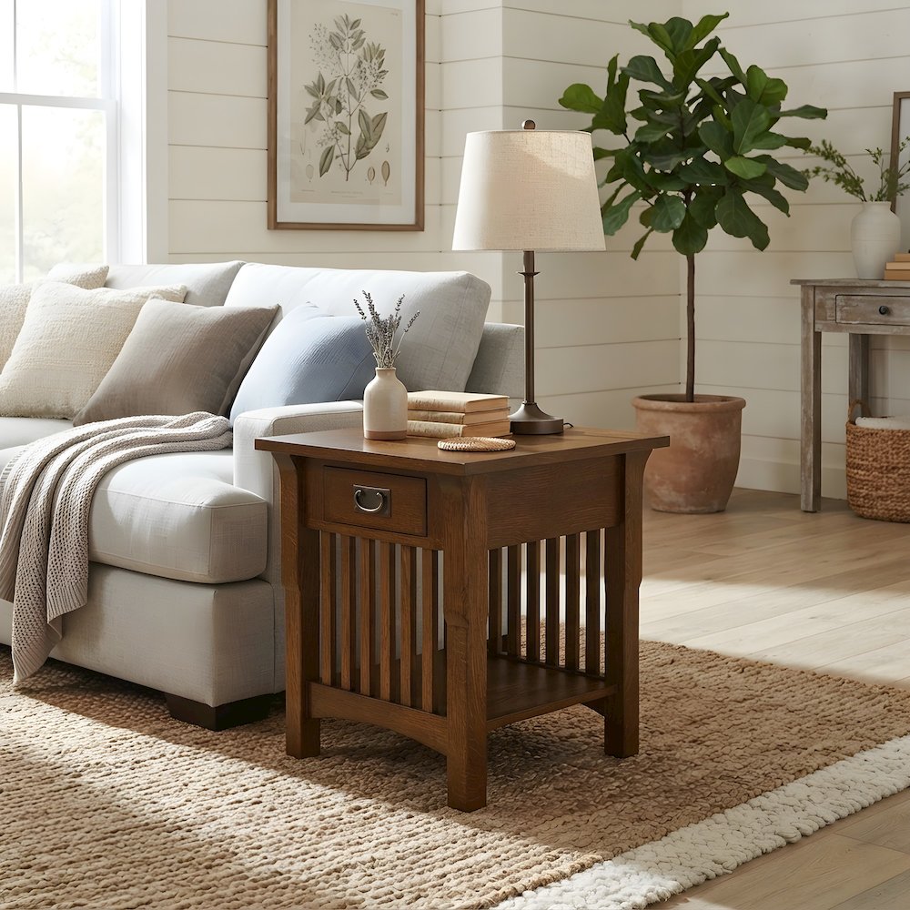 Solid Wood Mission-Style End Table with Drawer for Living Room, Walnut