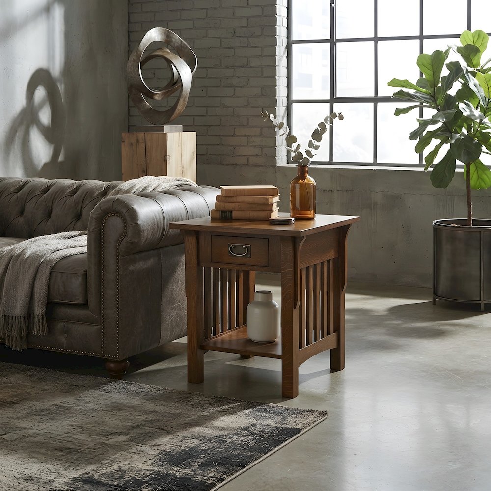 Solid Wood Mission-Style End Table with Drawer for Living Room, Walnut
