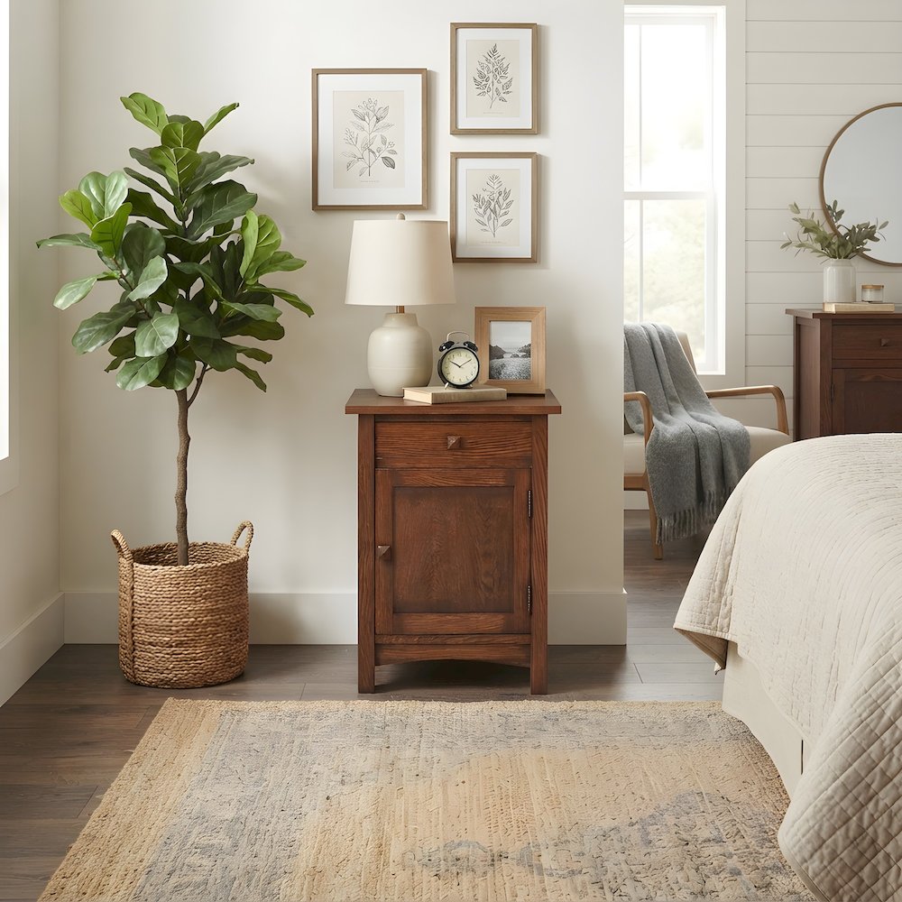 Mission Style Solid Wood Nightstand with Door and Drawer, Bedside Table, Walnut