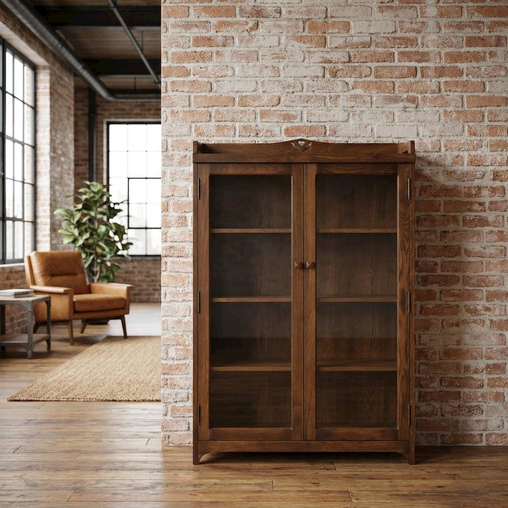 A Solid Wood Curio Cabinet and Bookcase with Glass Doors, Mission-Style, Walnut