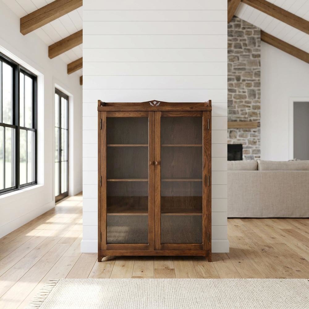 A Solid Wood Curio Cabinet and Bookcase with Glass Doors, Mission-Style, Walnut