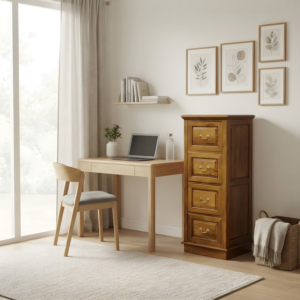 Solid Wood 4-Drawer File Cabinet with Lock for Home Office, Light Brown