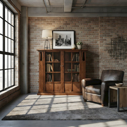 Solid Wood Mission Bookcase with Double Doors and Side Shelves, Walnut