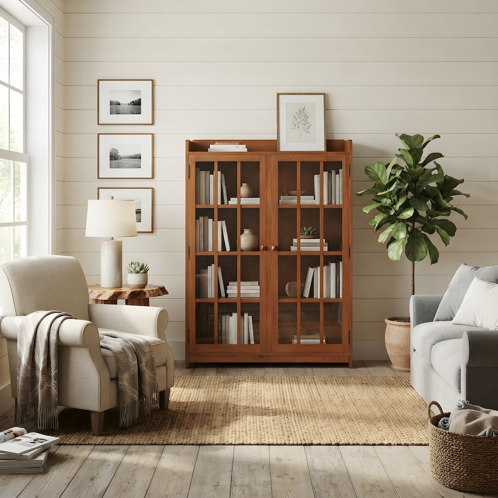 Solid Wood Mission Oak Barrister Bookcase with Doors, Michael's Cherry