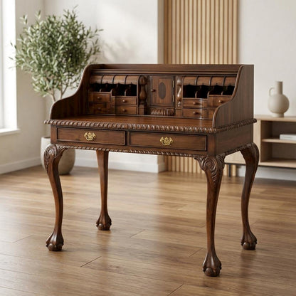 Solid Wood Secretary Desk with Drawers for Home Office, Brown