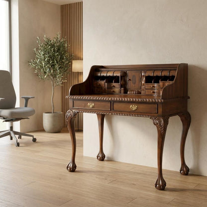 Solid Wood Secretary Desk with Drawers for Home Office, Brown