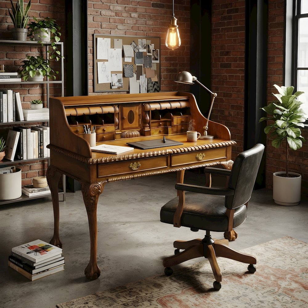 Solid Wood Secretary Writing Desk with Drawers, Home Office, Light Brown