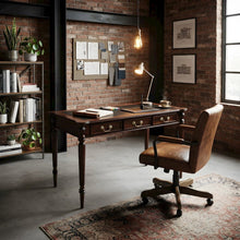 Solid Wood Writing Desk with Inlaid Leather Top, Mahogany Style, Brown