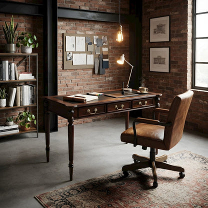 Solid Wood Writing Desk with Inlaid Leather Top, Mahogany Style, Brown