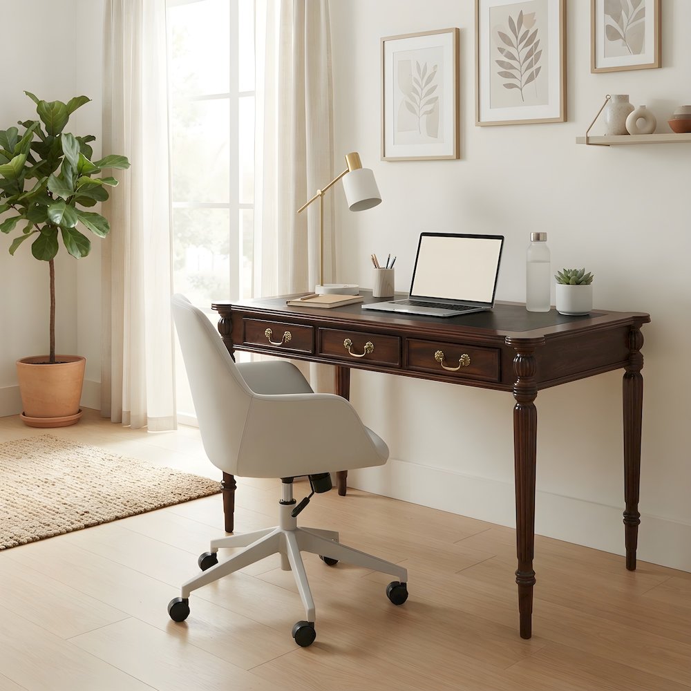 Solid Wood Writing Desk with Inlaid Leather Top, Mahogany Style, Brown