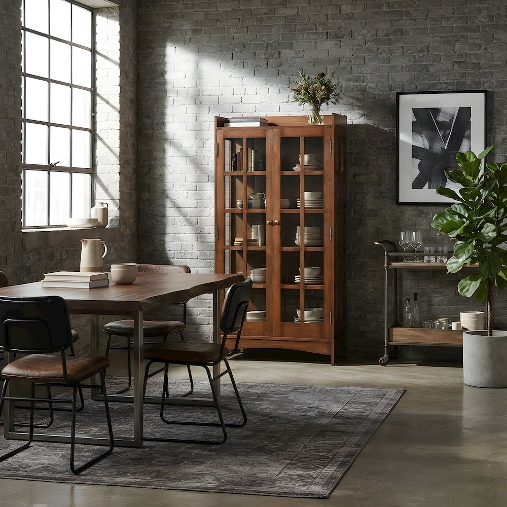 Solid Wood Mission Glass Display China Cabinet and Bookcase, Walnut