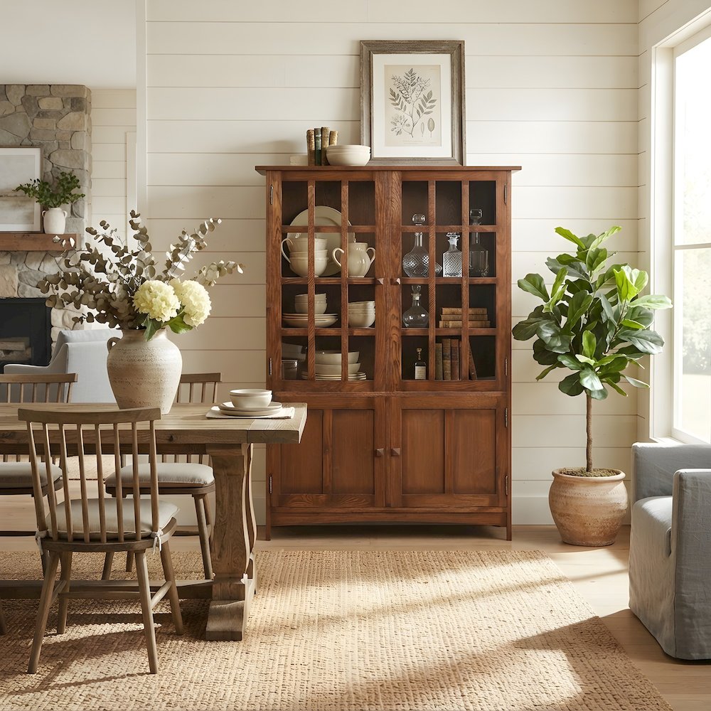 Solid Wood Mission China Cabinet with 4 Glass Doors, Hutch, Walnut