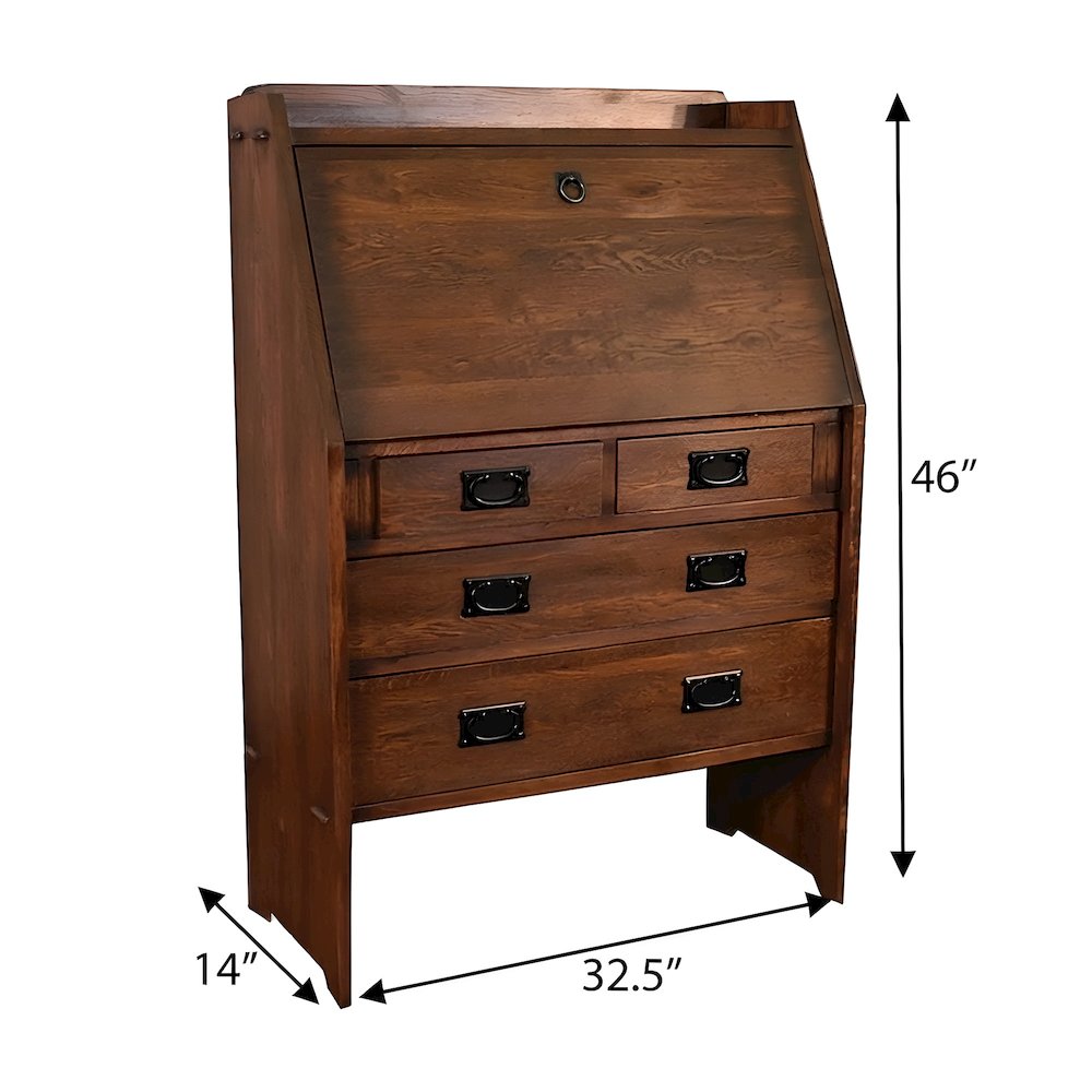 Solid Oak Mission Style Secretary Writing Desk with Storage and Drawers, Walnut
