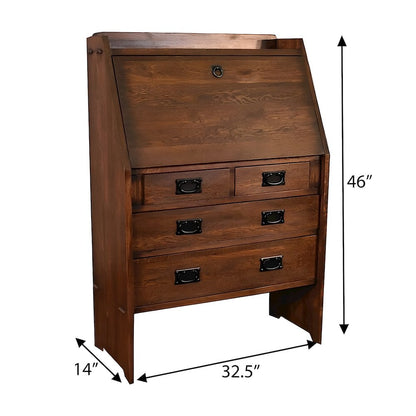 Solid Oak Mission Style Secretary Writing Desk with Storage and Drawers, Walnut