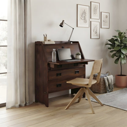 Solid Oak Mission Style Secretary Writing Desk with Storage and Drawers, Walnut