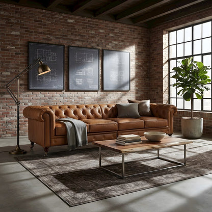 Leather Tufted Chesterfield Sofa with Solid Wood Legs, Light Brown