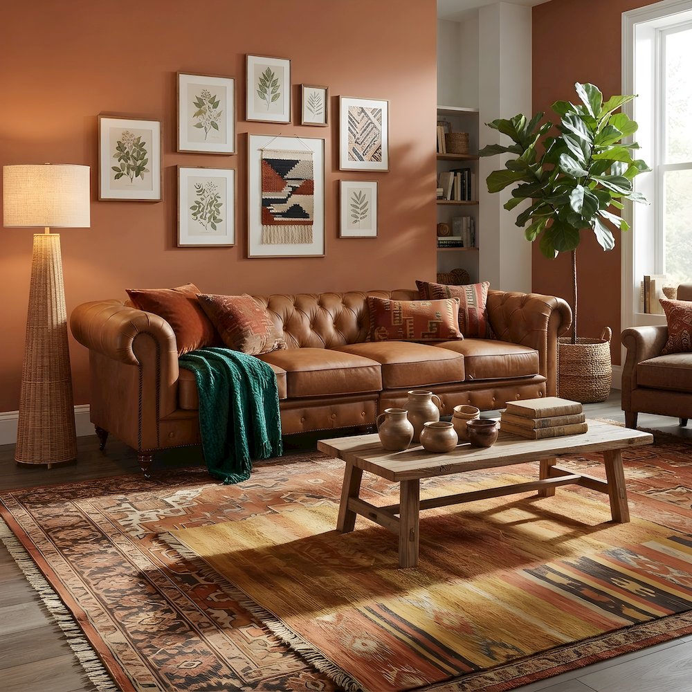 Leather Tufted Chesterfield Sofa with Solid Wood Legs, Light Brown