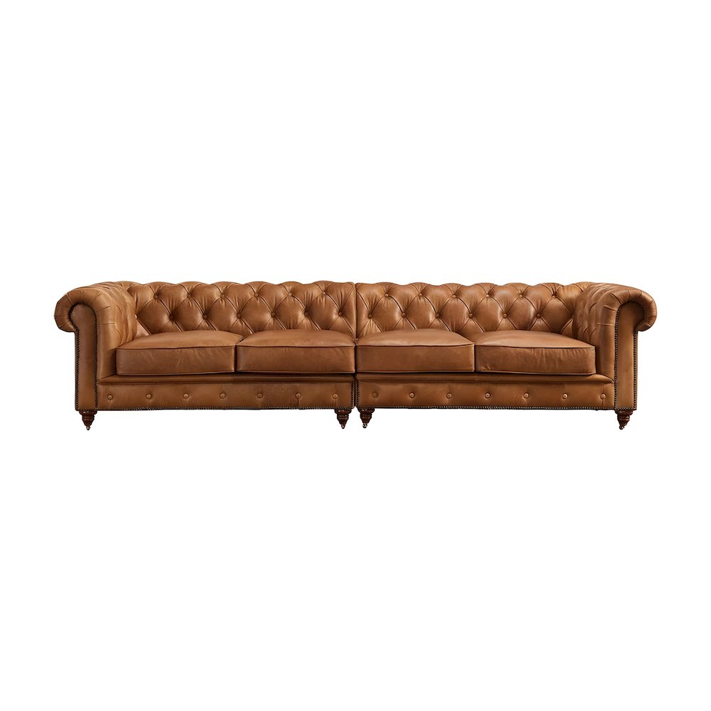 Leather Tufted Chesterfield Sofa with Solid Wood Legs, Light Brown