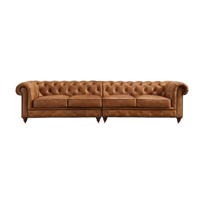 Leather Tufted Chesterfield Sofa with Solid Wood Legs, Light Brown