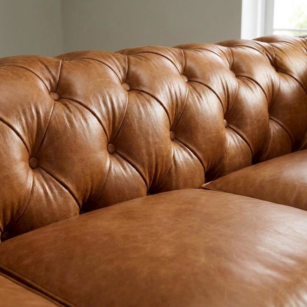 Leather Tufted Chesterfield Sofa with Solid Wood Legs, Light Brown