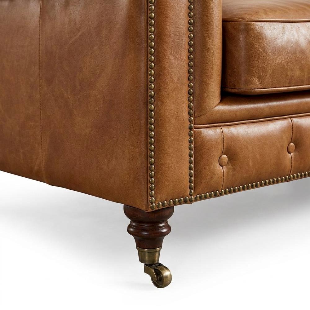 Leather Tufted Chesterfield Sofa with Solid Wood Legs, Light Brown