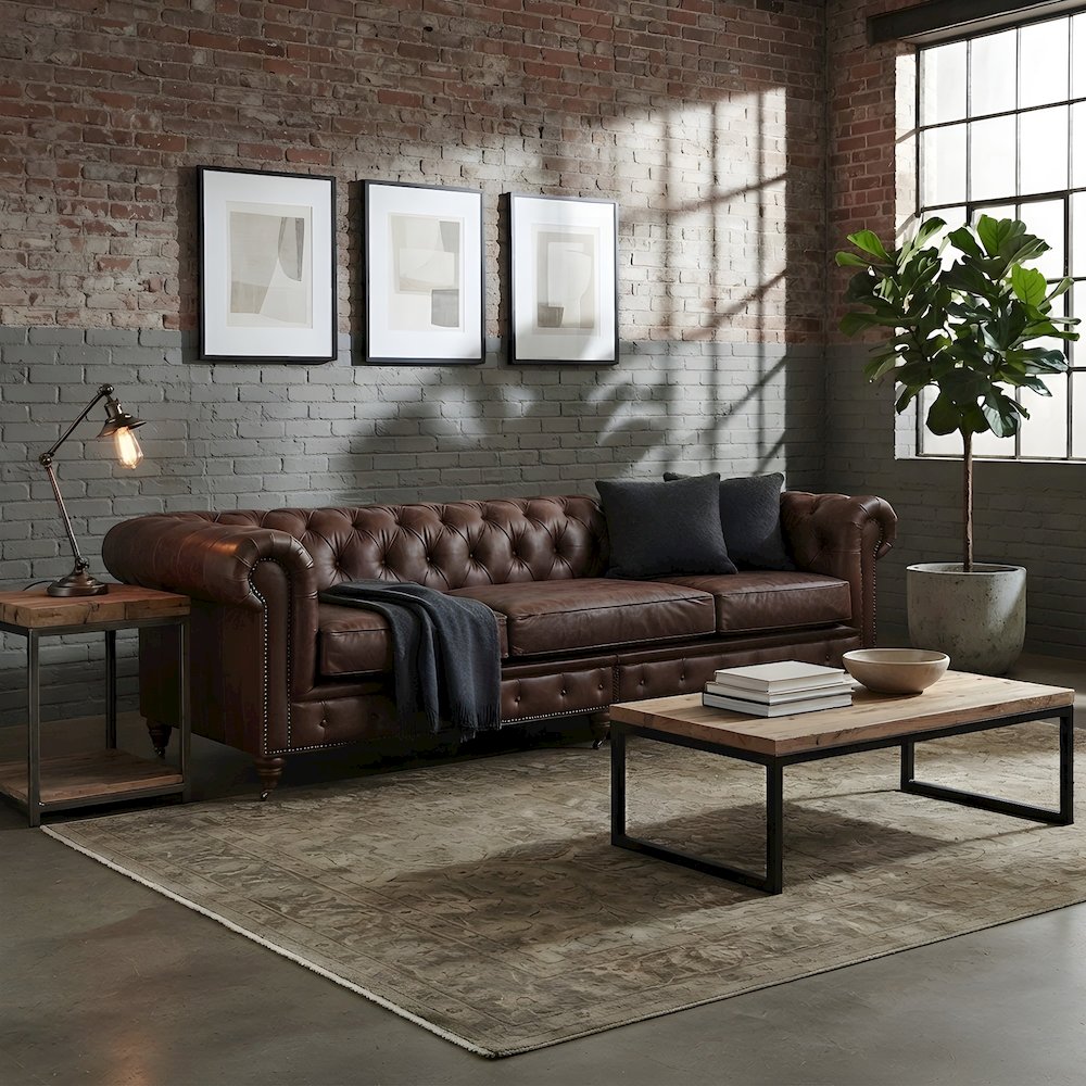 Leather Chesterfield Tufted Sofa with Solid Wood Frame, Bark Brown
