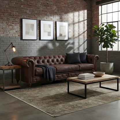 Leather Chesterfield Tufted Sofa with Solid Wood Frame, Bark Brown