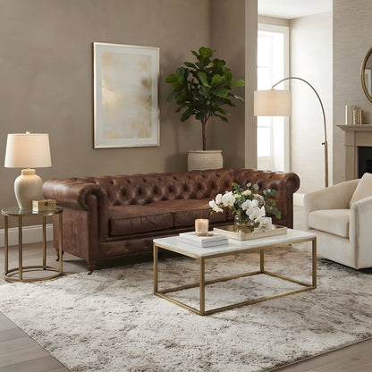 Leather Chesterfield Tufted Sofa with Solid Wood Frame, Bark Brown