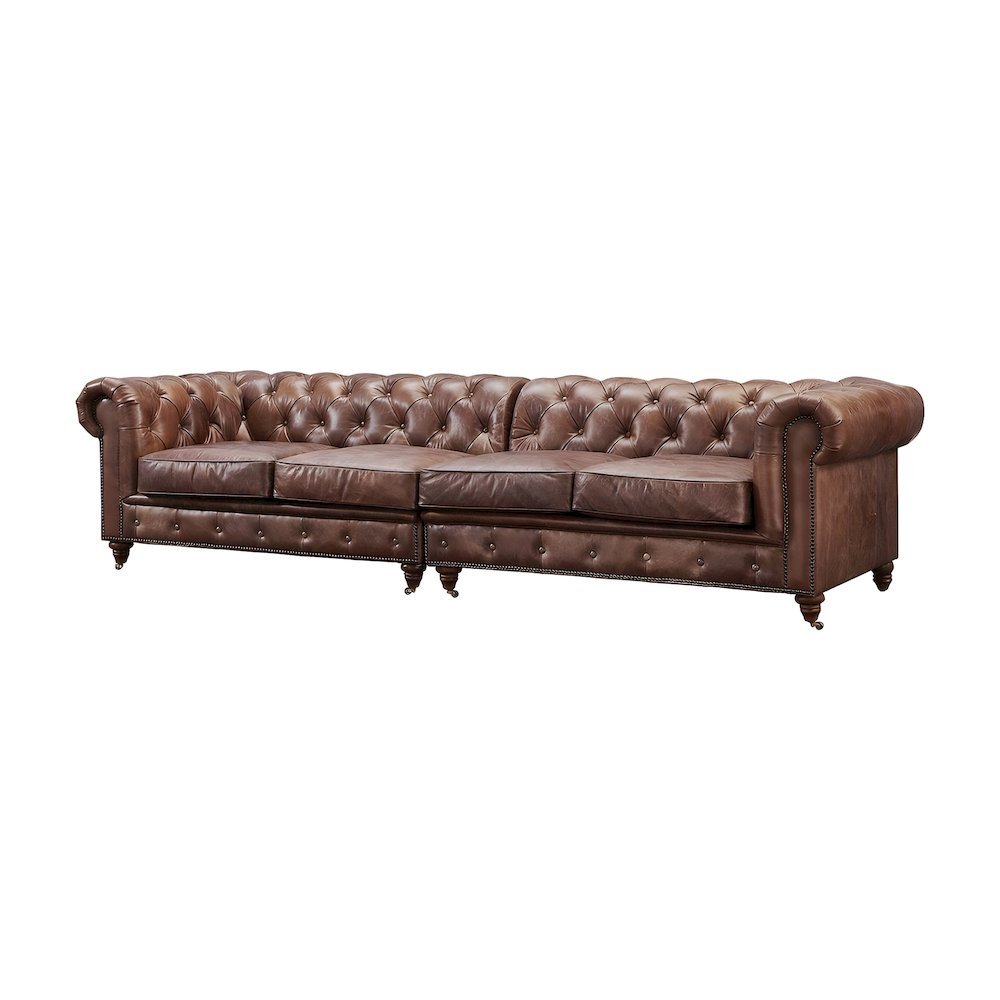 Leather Chesterfield Tufted Sofa with Solid Wood Frame, Bark Brown