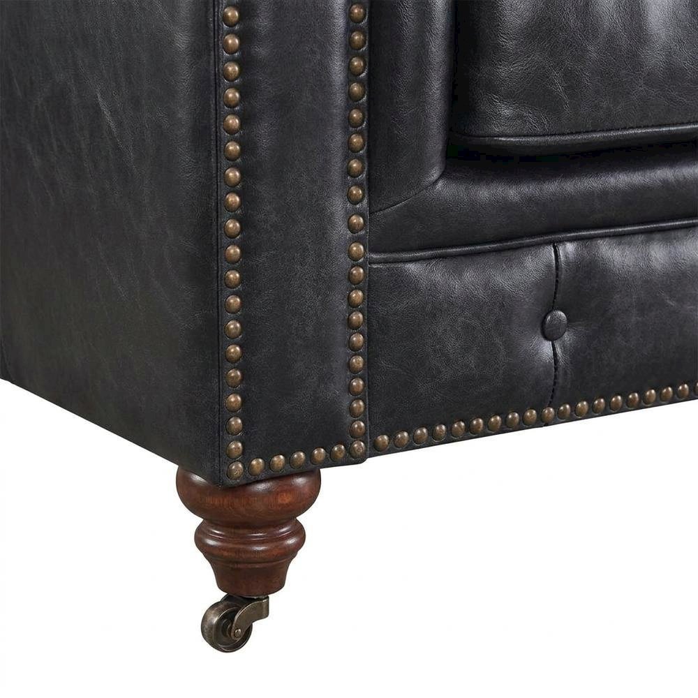 Leather-Upholstered Tufted Chesterfield Sofa with Sturdy Solid Wood Frame, Slate
