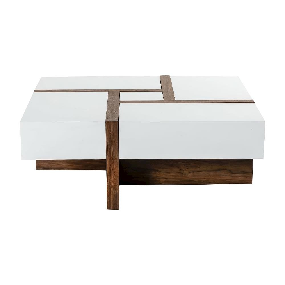 White Square Coffee Table with Walnut Veneer and MDF Construction, Single Piece
