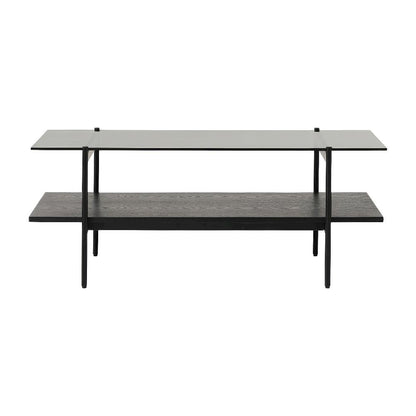 Black Glass Coffee Table with Iron Frame and Veneer Top for Living Room